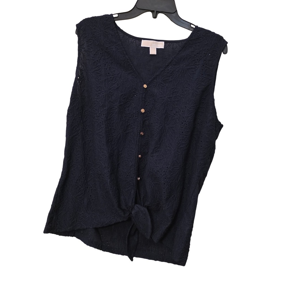 Michael Kors Navy Blue Eyelet Sleeveless Tie Front‎ Button Blouse Top XL